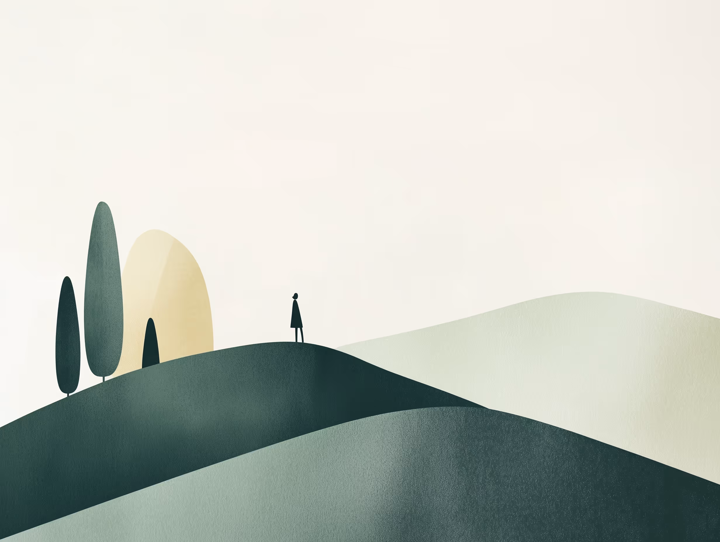 Minimalistische Landschaft mit Person auf Hügel. Symbol für Klarheit und Stabilität. Praxis für psychoanalytische Beratung in Kassel.